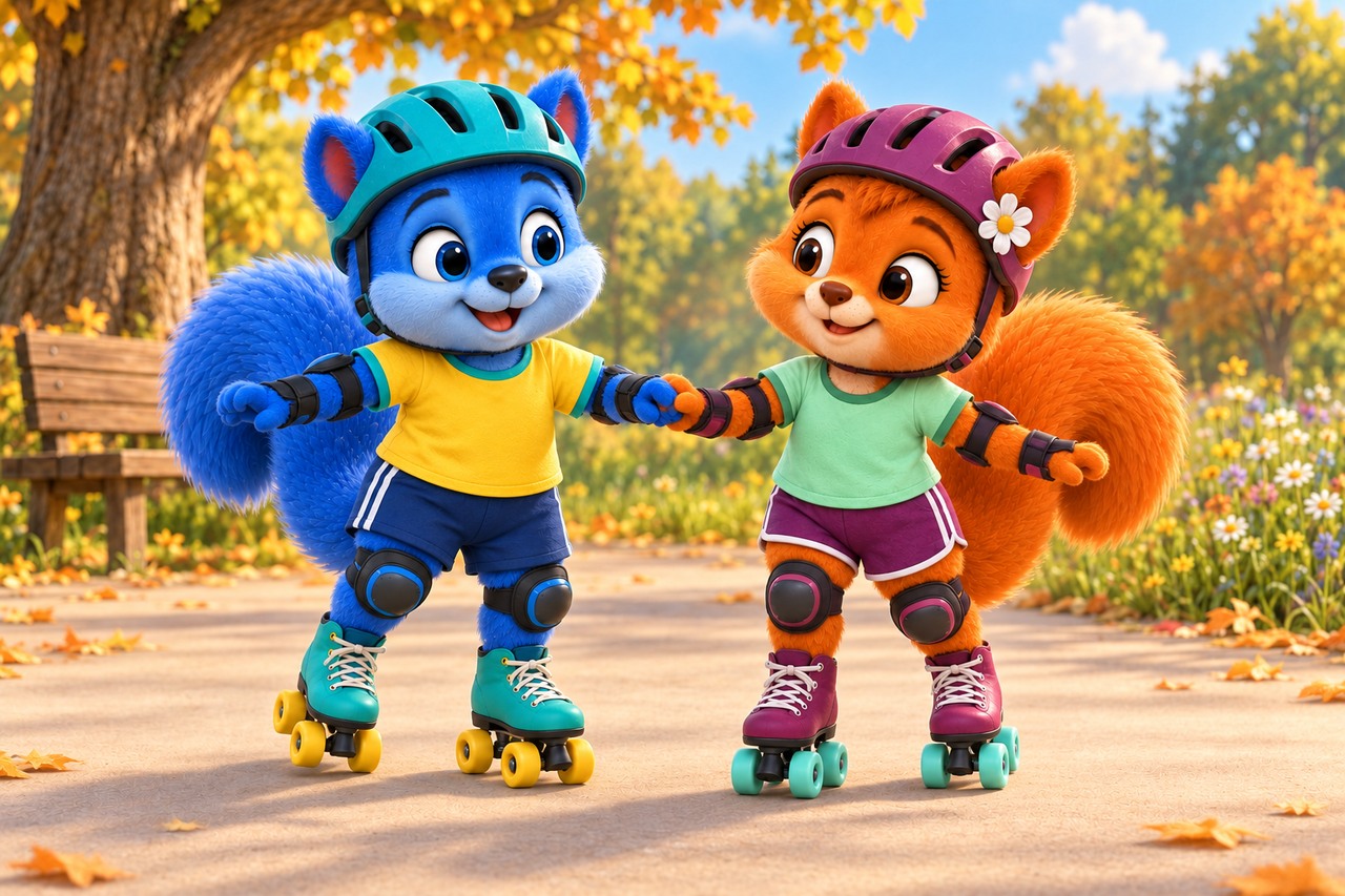 Puschel und Flauschi rollen langsam Pfote in Pfote über den ebenen Übungsplatz, beide mit Helm und Schonern.