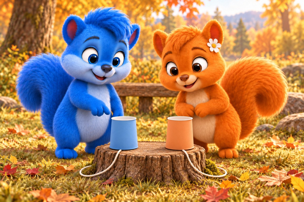 Puschel und Flauschi entdecken zwei Becher mit verbindender Schnur auf einem Baumstumpf.