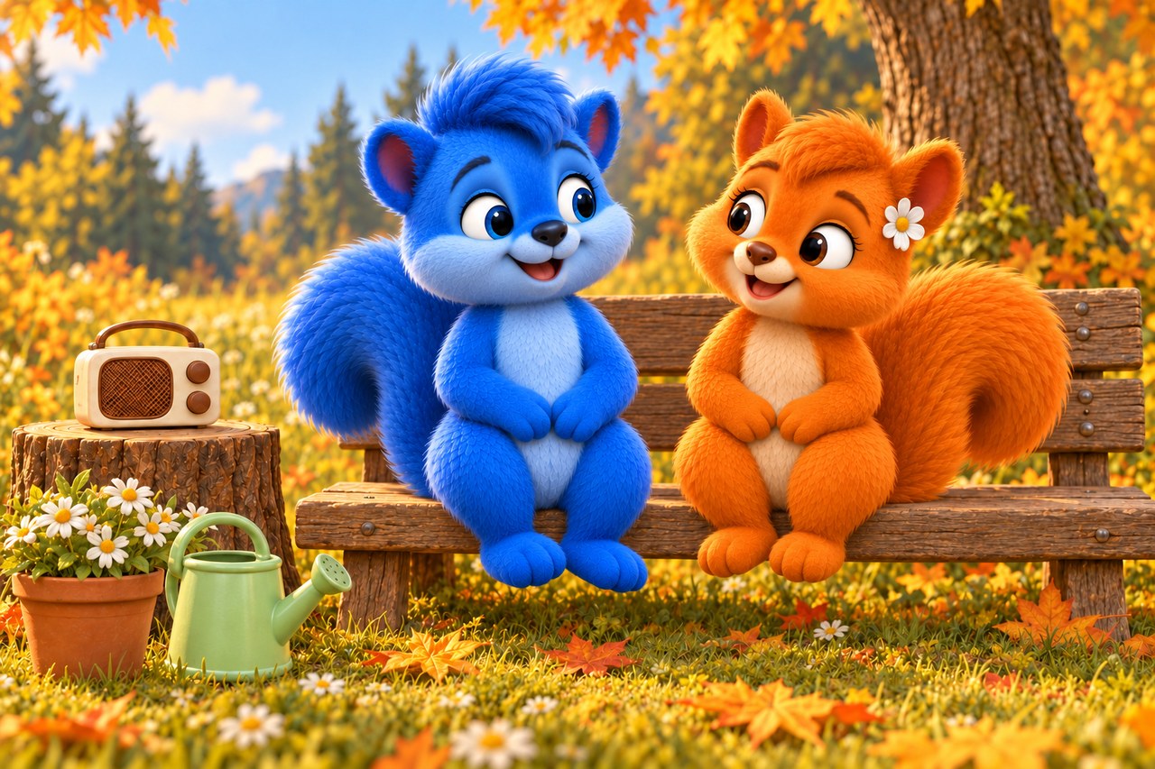 Puschel und Flauschi sitzen entspannt auf der Bank und pfeifen gemeinsam; die Kanne steht bei den Blumen.