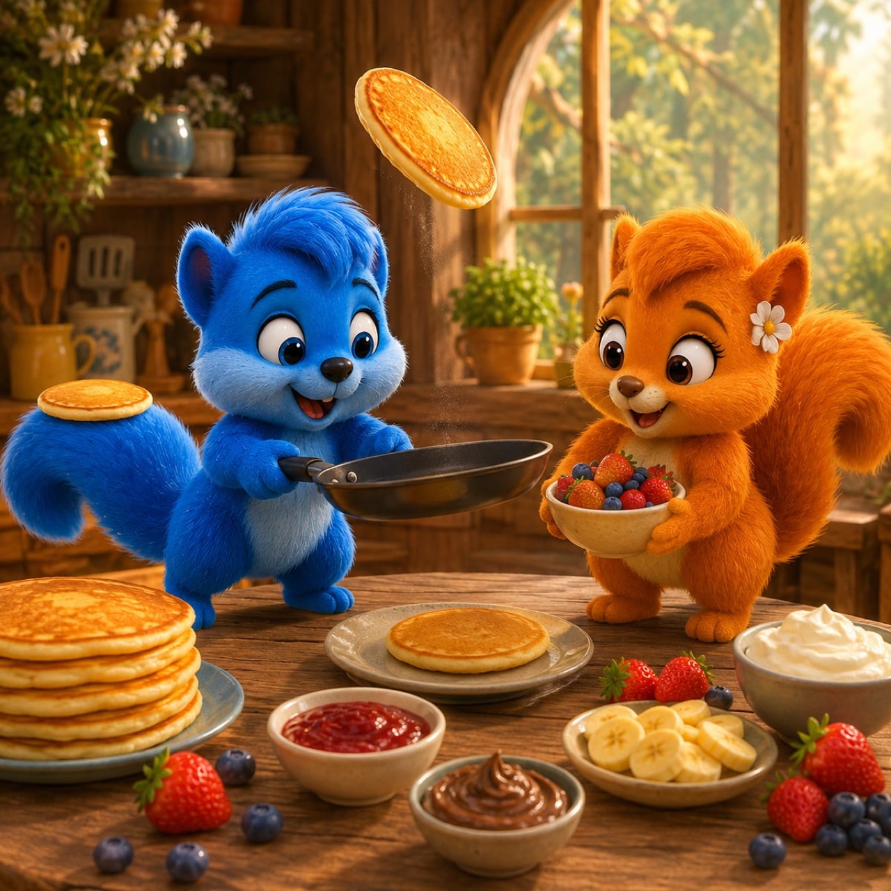 Puschel lässt einen Pfannkuchen fliegen, während einer auf seinem Schweif und einer auf dem Teller landet und Flauschi mit Beeren lacht