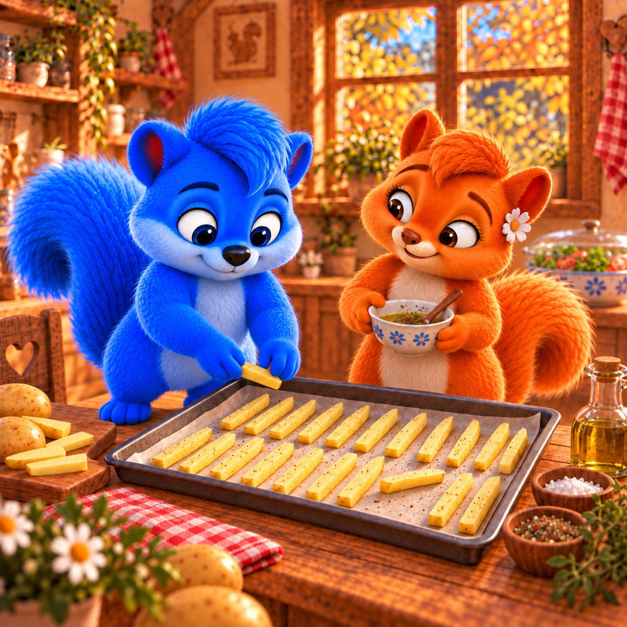 Puschel legt mit freundlichem, neugierigem Blick Kartoffelstäbchen auf das Backblech; Flauschi hält eine Gewürzschüssel.