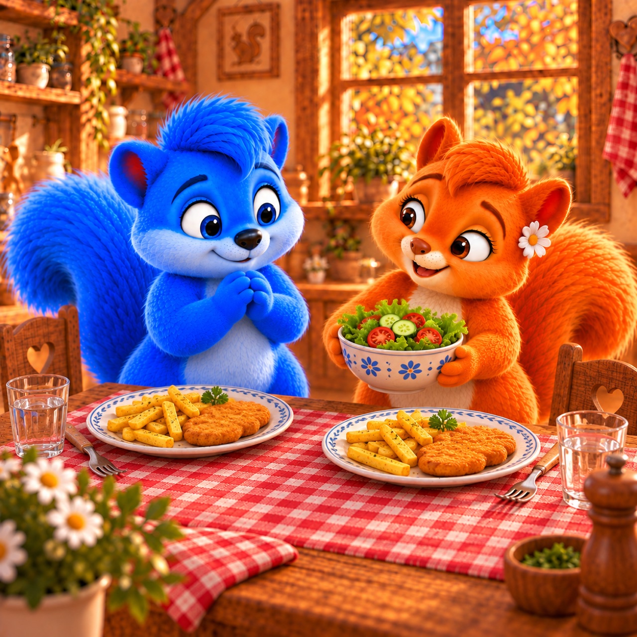 Puschel freut sich über einen Teller mit Hähnchenschnitzel, Ofenpommes und Salat; Flauschi stellt die Salatschüssel dazu.