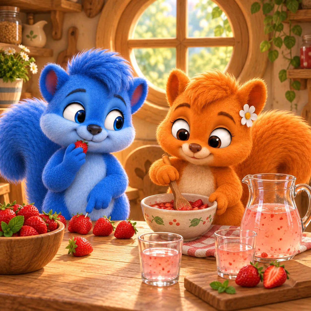 Flauschi zerdrückt Erdbeeren für leicht rosa Beerenwasser, während Puschel beim Zählen eine Beere nascht.