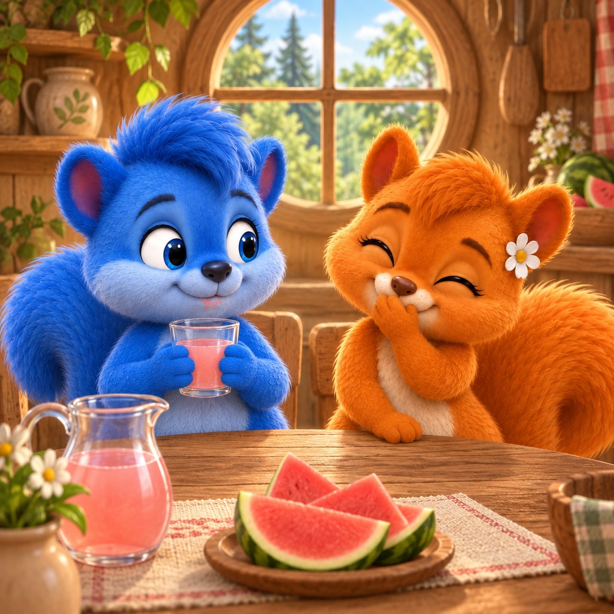 Puschel hält ein Glas hellrosa Melonenwasser; ein kleiner Melonenfleck sitzt unter seinem Mund. Flauschi kichert mit einer Pfote vor dem Mund.