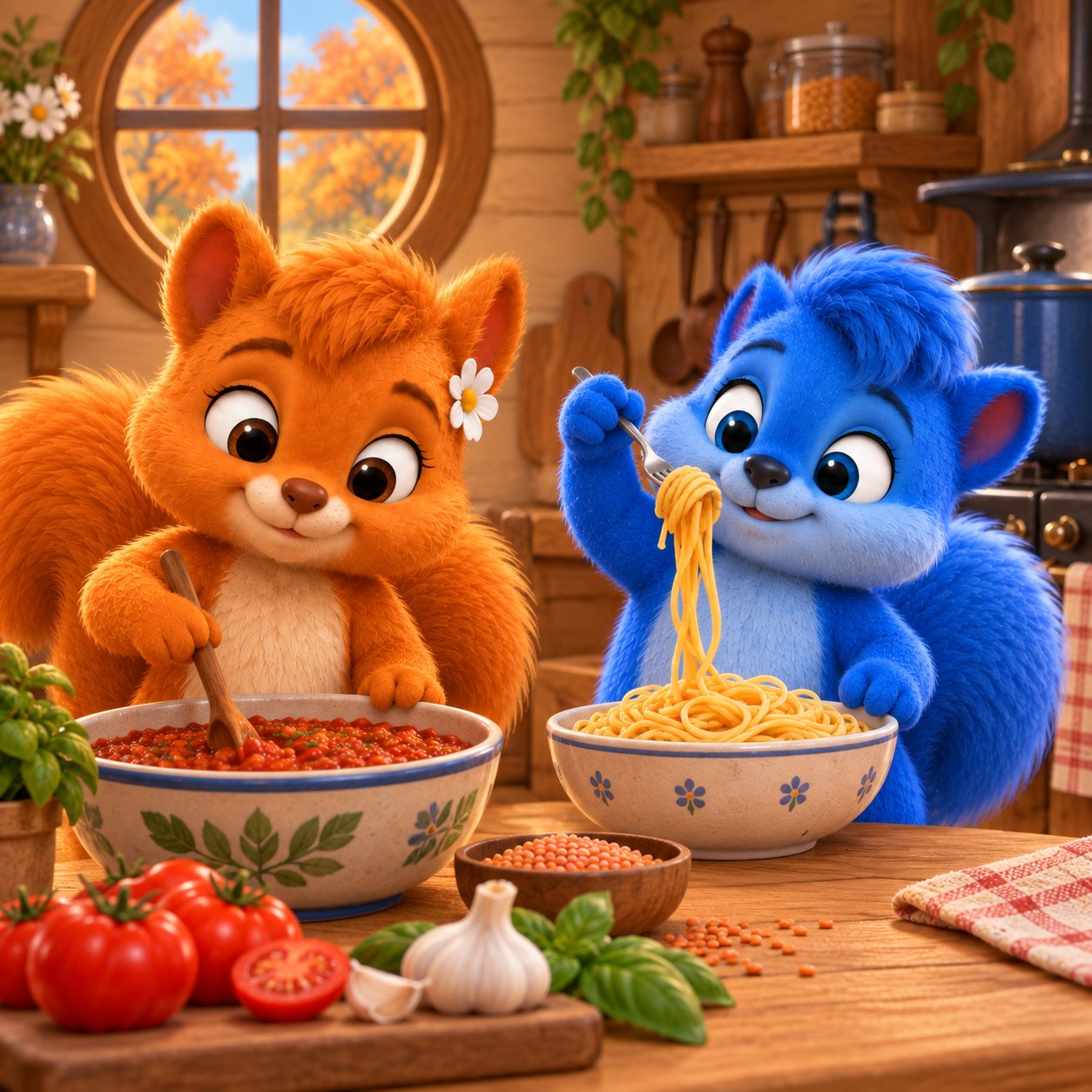 Flauschi rührt Linsen-Tomatensauce in einer Servierschüssel; Puschel dreht Spaghetti auf seine Gabel.