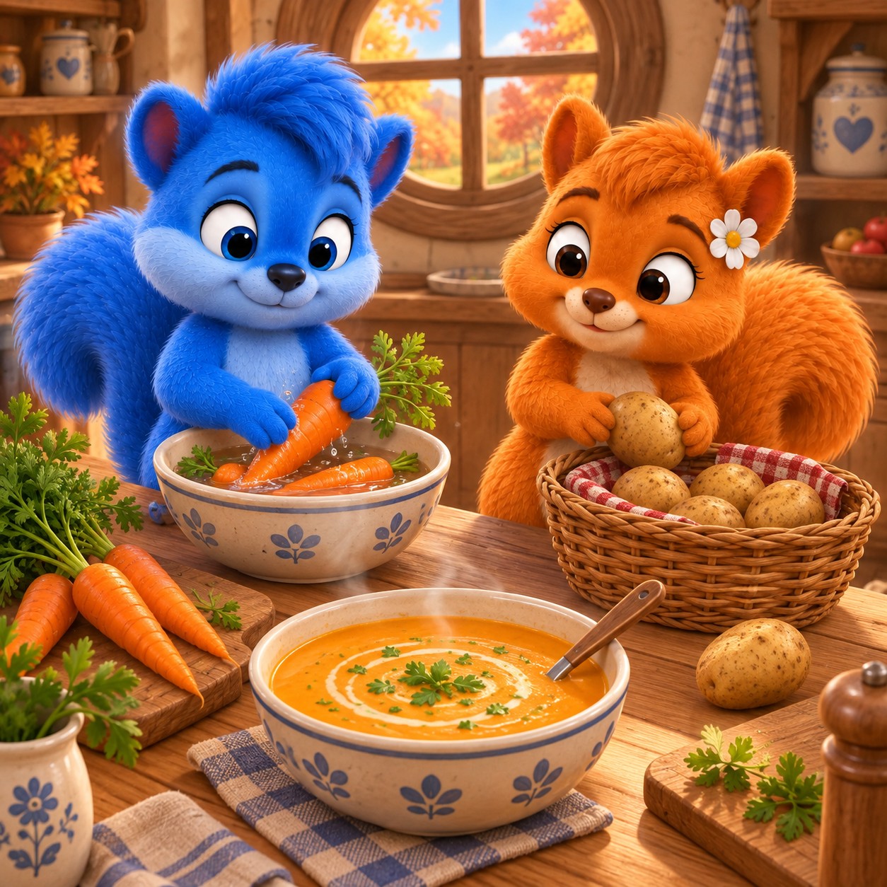 Puschel wäscht Möhren, Flauschi sortiert Kartoffeln; vorn steht die fertige orangefarbene Suppe.