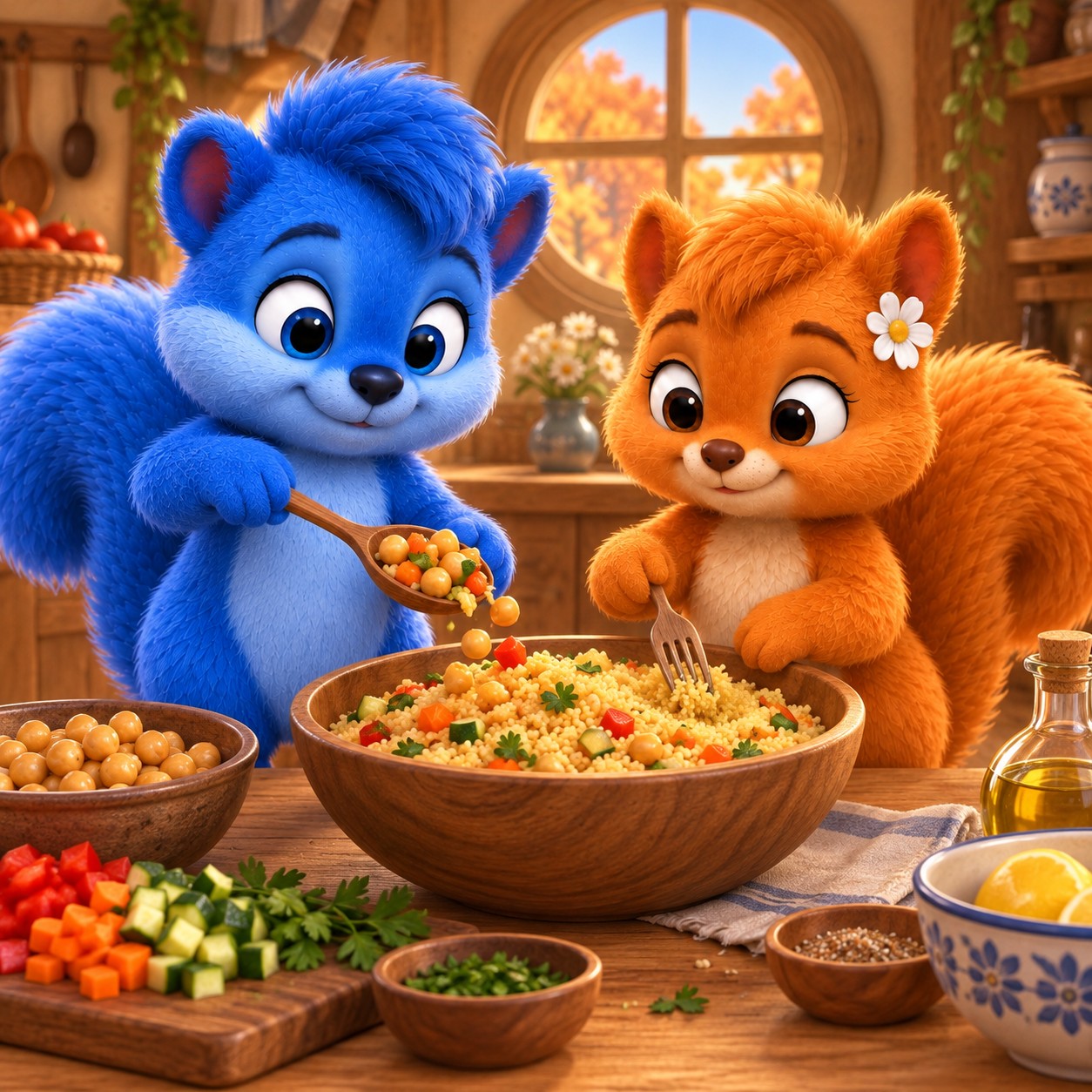 Puschel gibt Kichererbsen und Gemüse zum Couscous, den Flauschi mit einer Gabel auflockert.