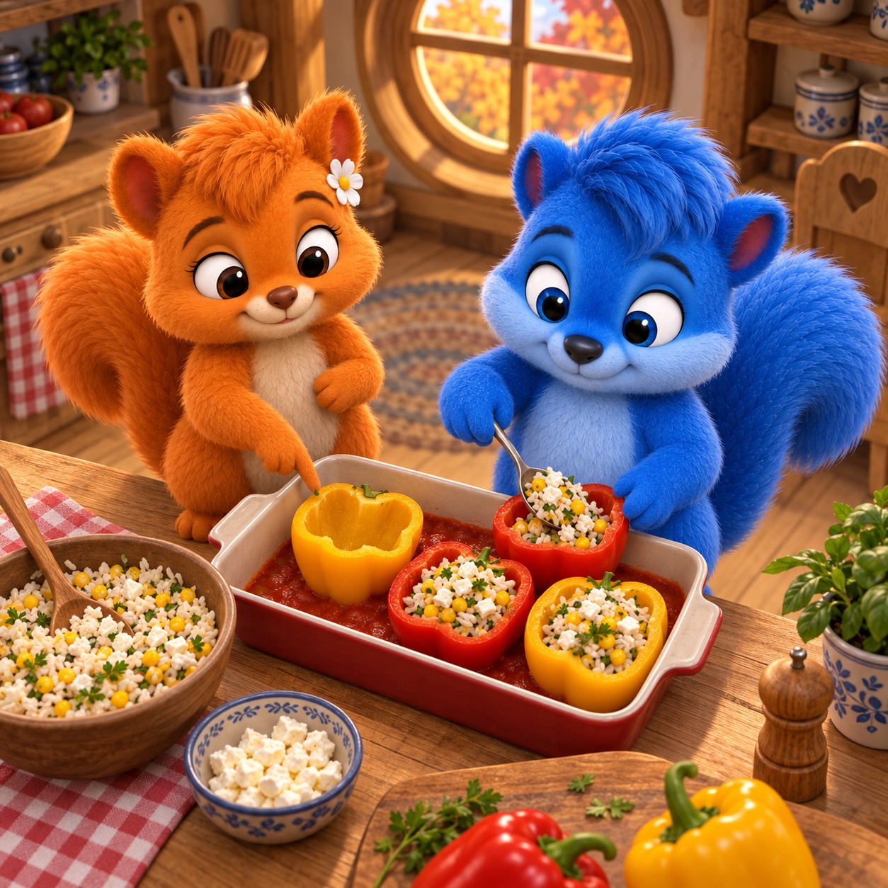 Puschel füllt Paprika mit Reis und Feta; Flauschi weist auf die noch leere Paprika hin.