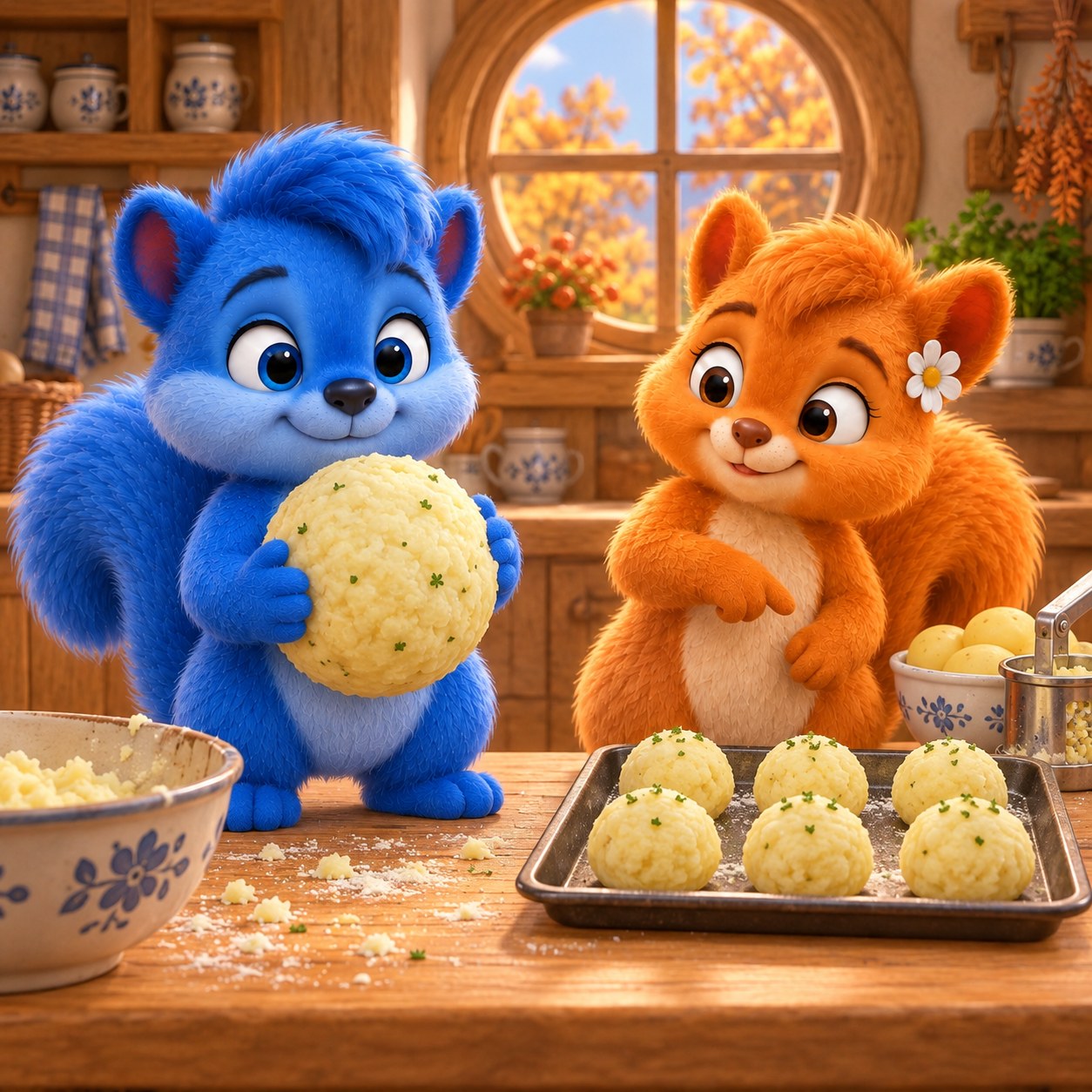 Puschel formt einen übergroßen Kartoffelknödel, während Flauschi auf ihre kleineren Knödel zeigt.