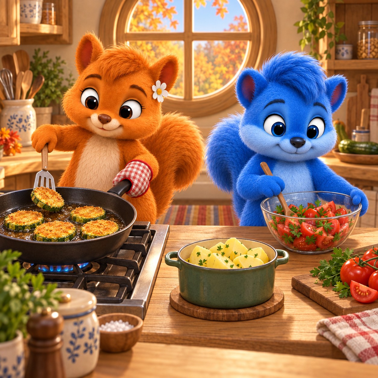 Flauschi brät panierte Zucchinischeiben; Puschel mischt am getrennten kalten Tisch Tomatensalat.