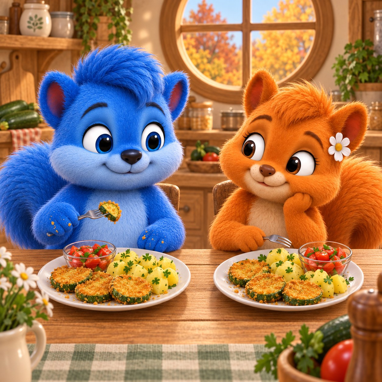 Puschel und Flauschi sitzen vor panierten Zucchinischeiben, Petersilienkartoffeln und Tomatensalat; Flauschi kichert.
