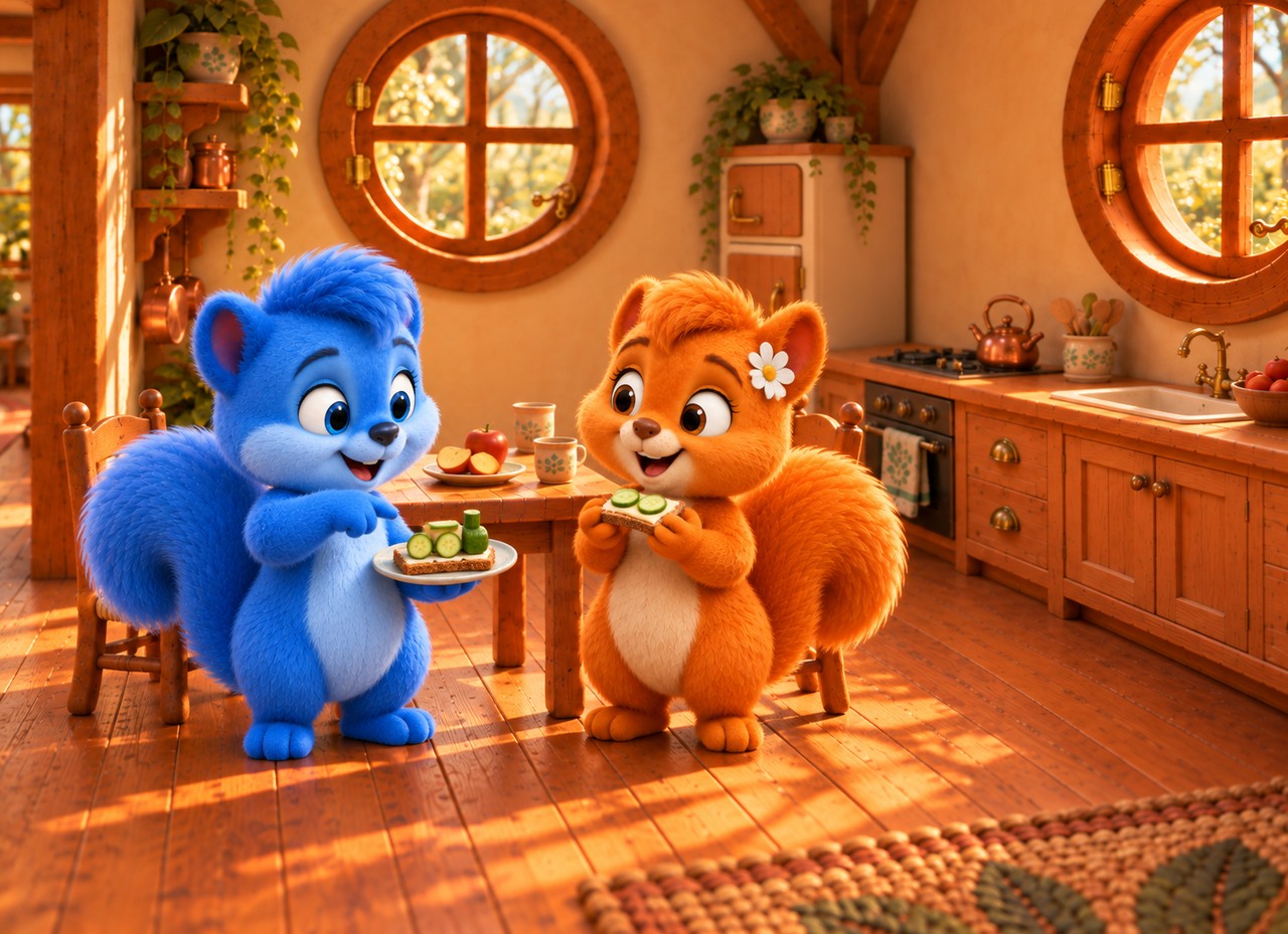 Puschel ordnet Gurkenscheiben wie einen kleinen Zug auf Vollkornbrot mit Käse. Flauschi hält lachend ihr belegtes Brot; der Ofen bleibt neben dem Kühlschrank.
