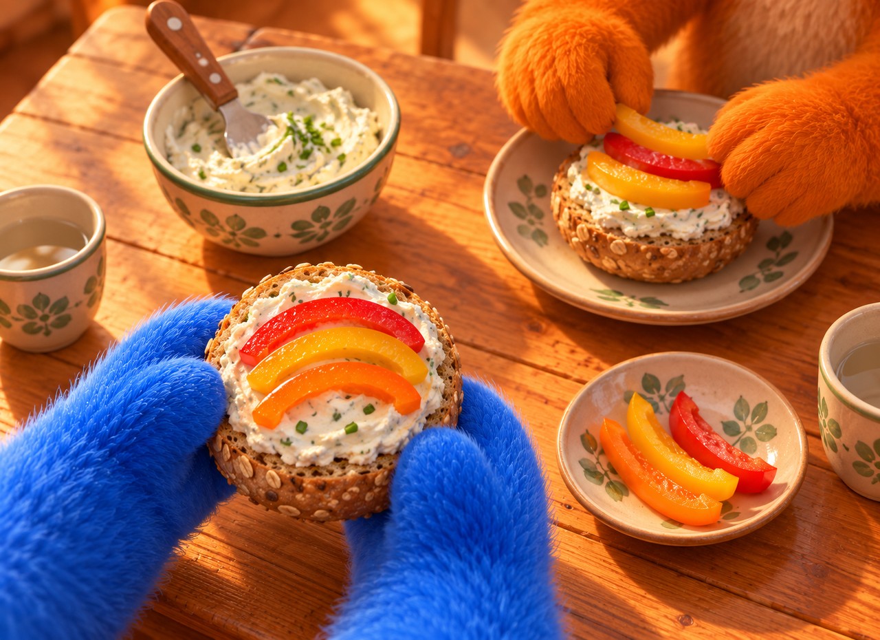 Nahansicht der Paprika-Regenbogen-Semmel: Puschels zwei blaue Pfoten halten die belegte Hälfte, Flauschis zwei orange Pfoten richten daneben ihre Semmel an.
