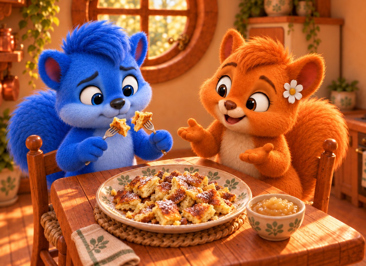 Puschel betrachtet zwei goldbraune Kaiserschmarrnstücke auf seinen Gabeln wie ein Puzzle; Flauschi lacht liebevoll. Beide sitzen am Tisch neben Kaiserschmarrn und Apfelmus.
