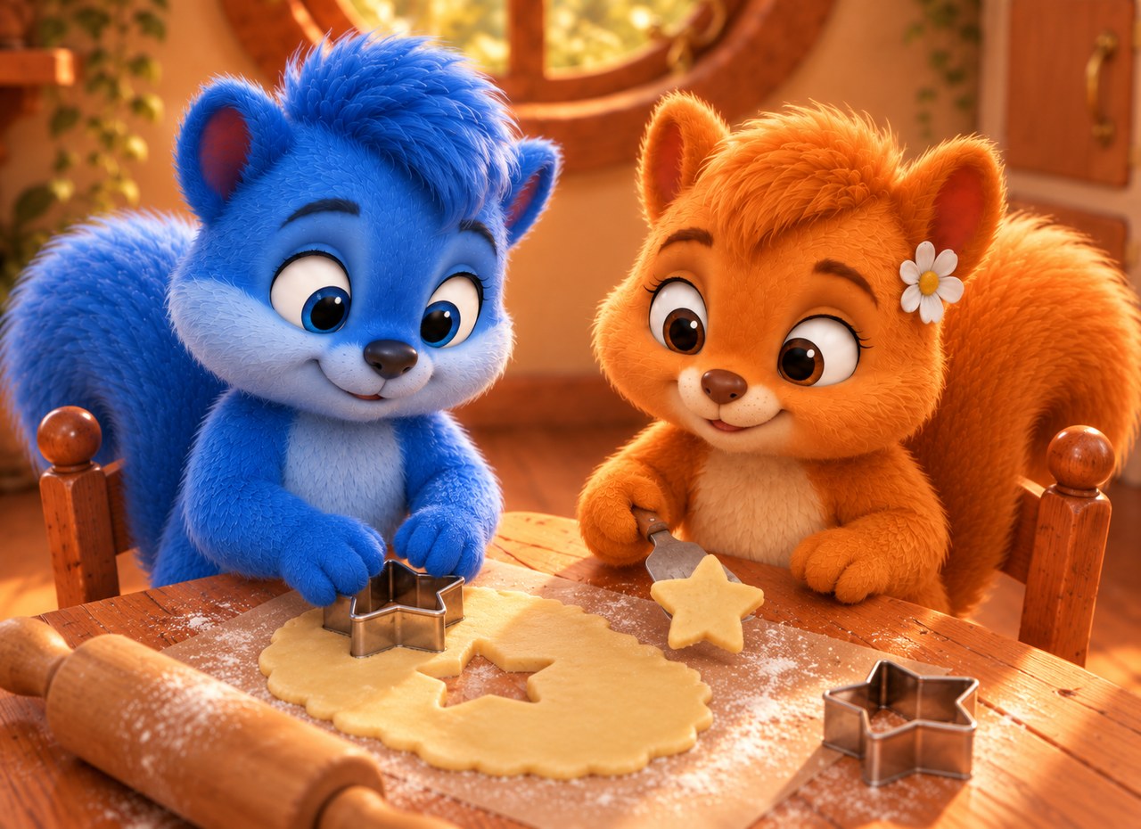 Puschel und Flauschi sitzen am Küchentisch und stechen Sterne aus Butterteig aus.