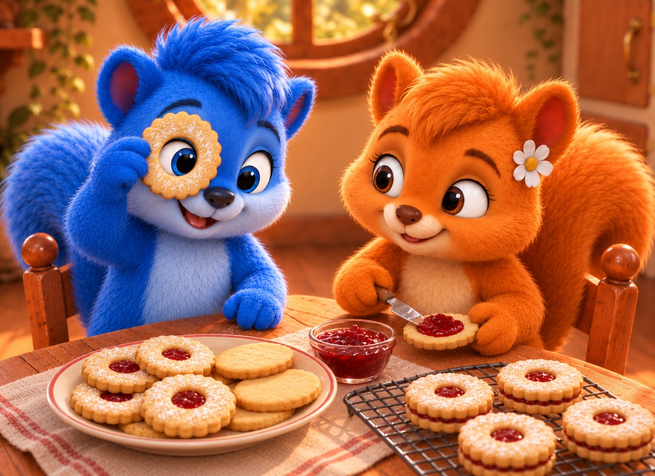 Puschel schaut durch einen gebackenen Keksring; Flauschi streicht rote Konfitüre auf ein Plätzchen.