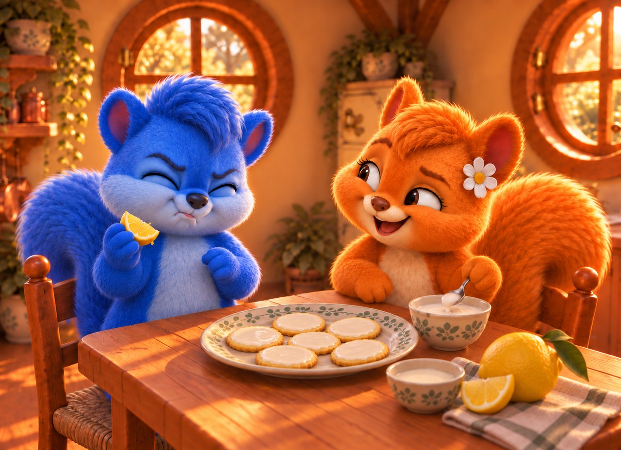 Puschel macht nach einem Tropfen Zitronensaft ein saures Gesicht; Flauschi lacht neben den kalten Zitronenplätzchen.