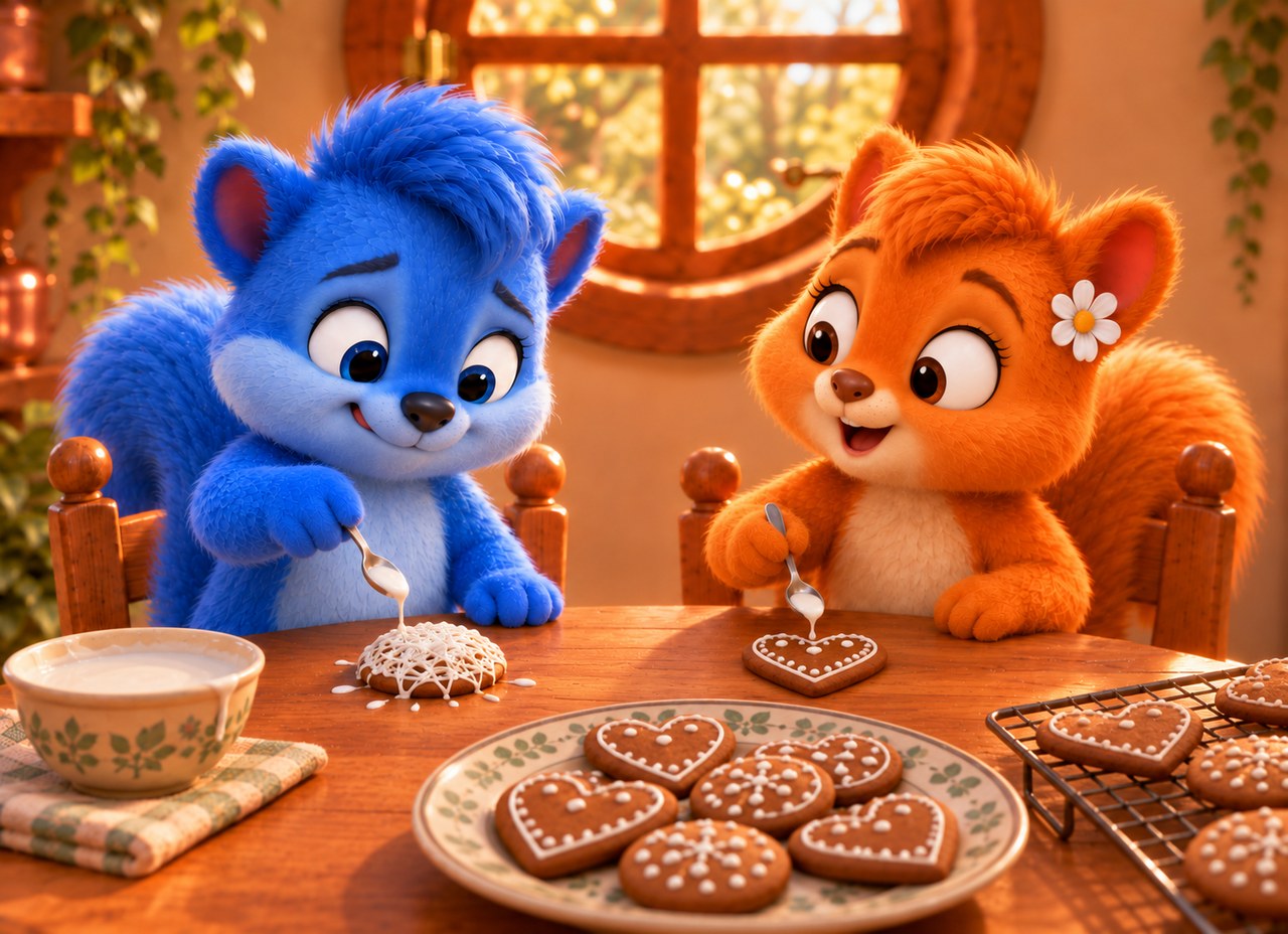 Puschel legt viele weiße Glasurlinien über einen kalten Lebkuchen; Flauschi schaut mit großen Augen auf den versteckten Keks.