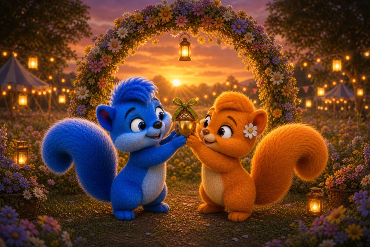 Puschel und Flauschi heben gemeinsam die goldene Eichel unter den leuchtenden Blumenbogen