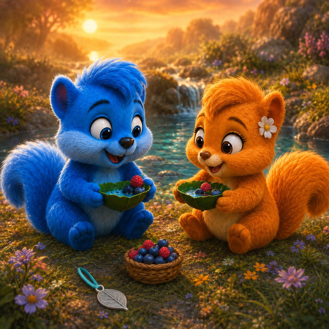 Puschel und Flauschi feiern an der Quelle mit Blattbechern und Beeren