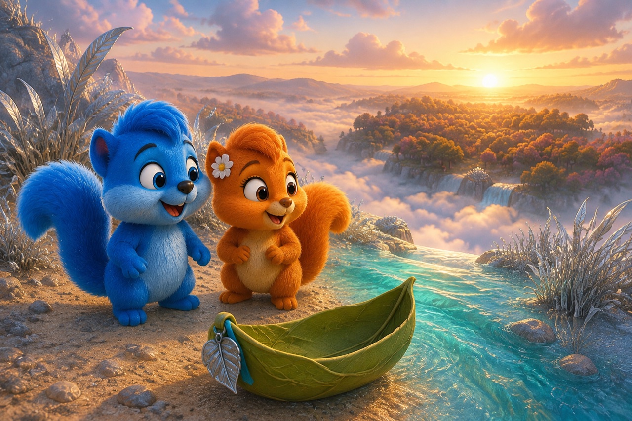 Puschel und Flauschi sehen von der Nebelinsel über den klaren Wolkensee nach Hause