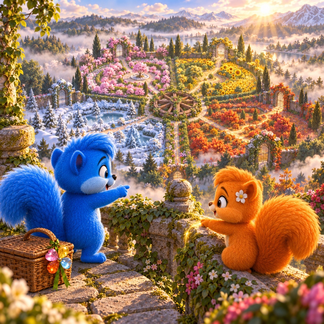 Von einer alten Aussichtsterrasse erkennen Puschel und Flauschi, dass der verwilderte Garten selbst eine riesige Karte bildet.