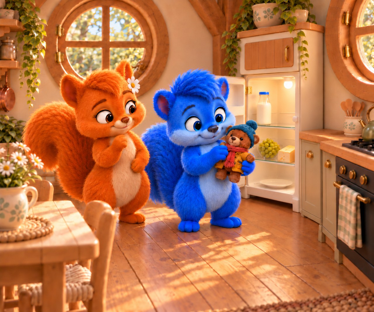 Puschel dresses Teddy for the cold while Flauschi raises a paw with a smile.