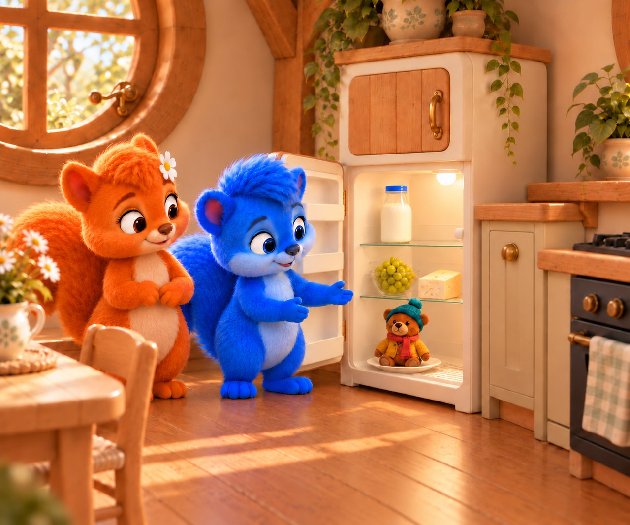 Little Teddy sits in his jacket, hat and scarf on the white plate at the bottom of the fridge.