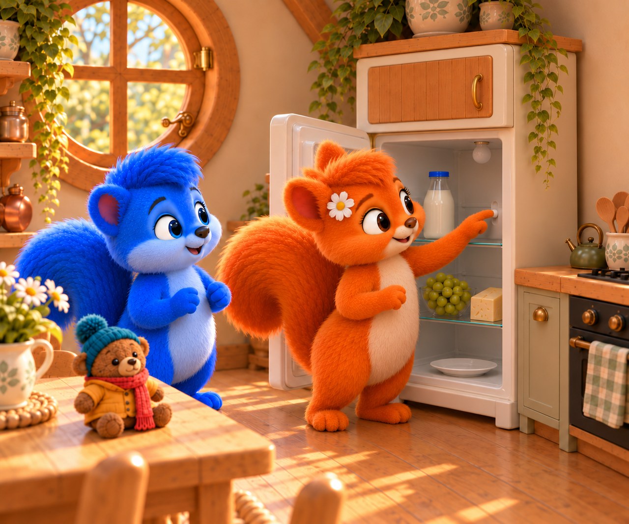 Flauschi presses the door contact inside on the right; the lamp is off and Teddy sits on the table.