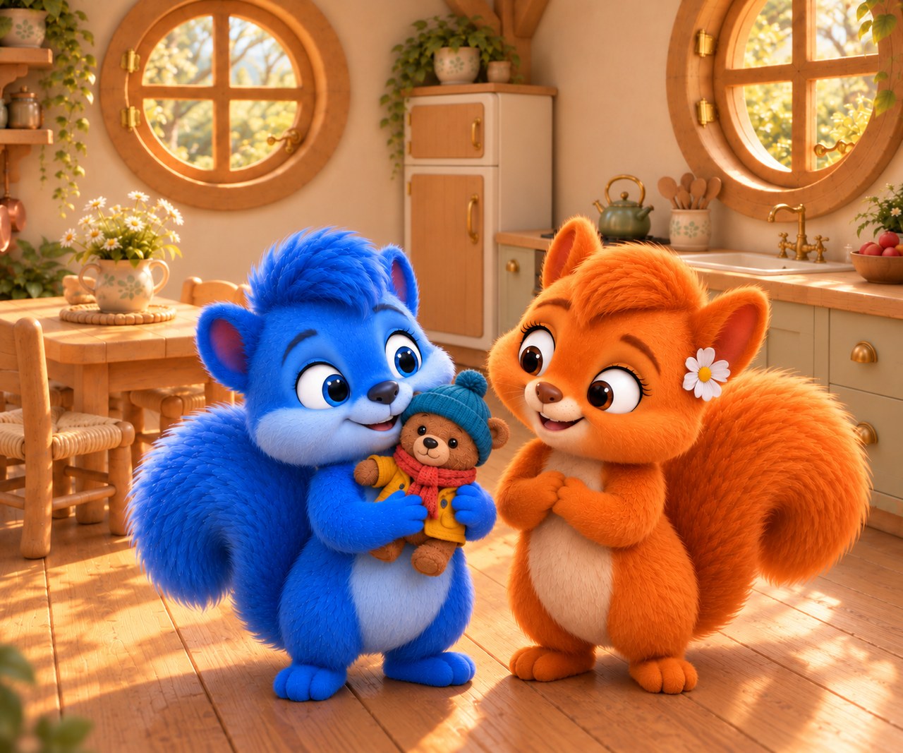 Puschel cuddles Teddy while Flauschi smiles beside him.
