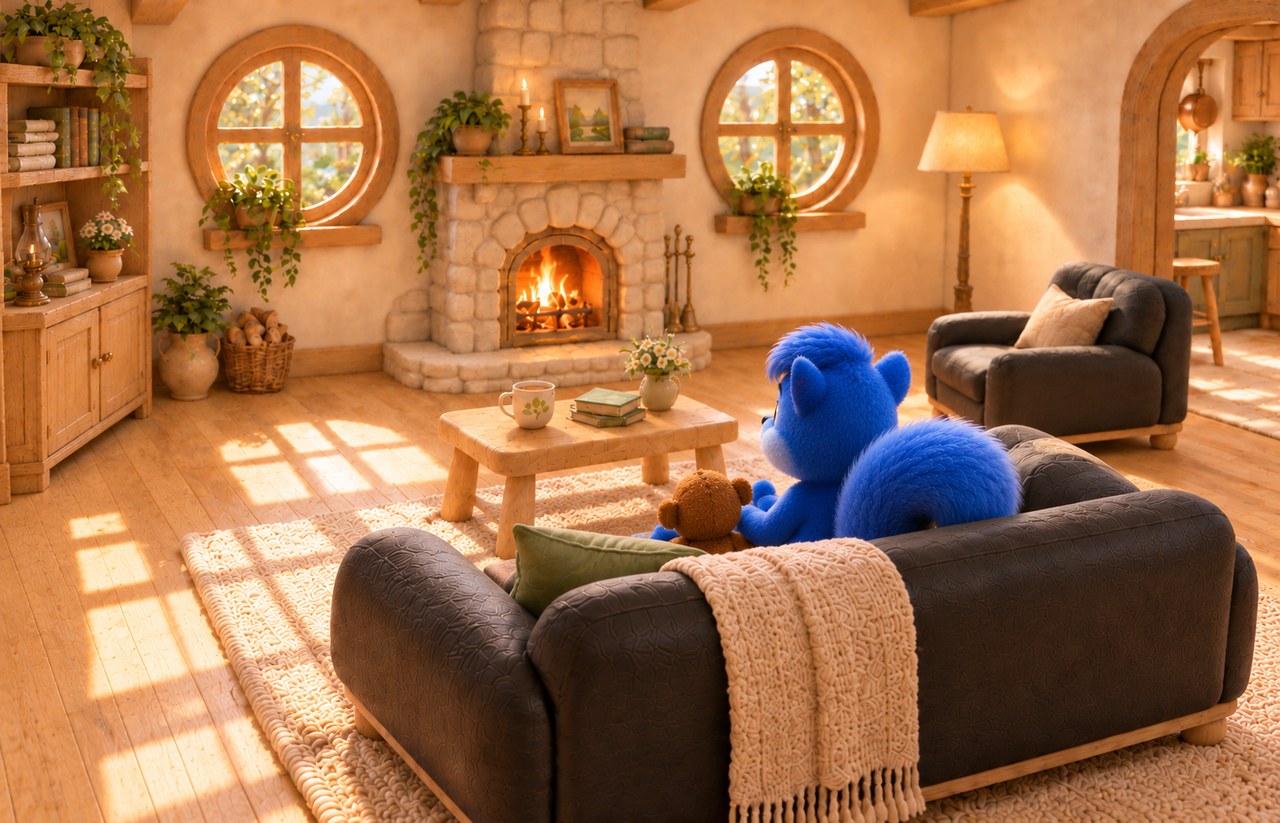 Puschel sits with his small brown teddy on the black living-room sofa.