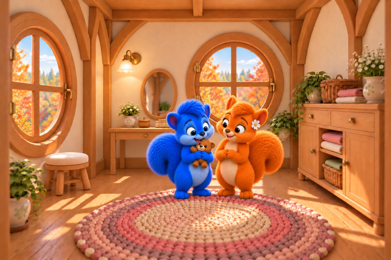 Puschel happily hugs Teddy against his chest while Flauschi smiles beside him.