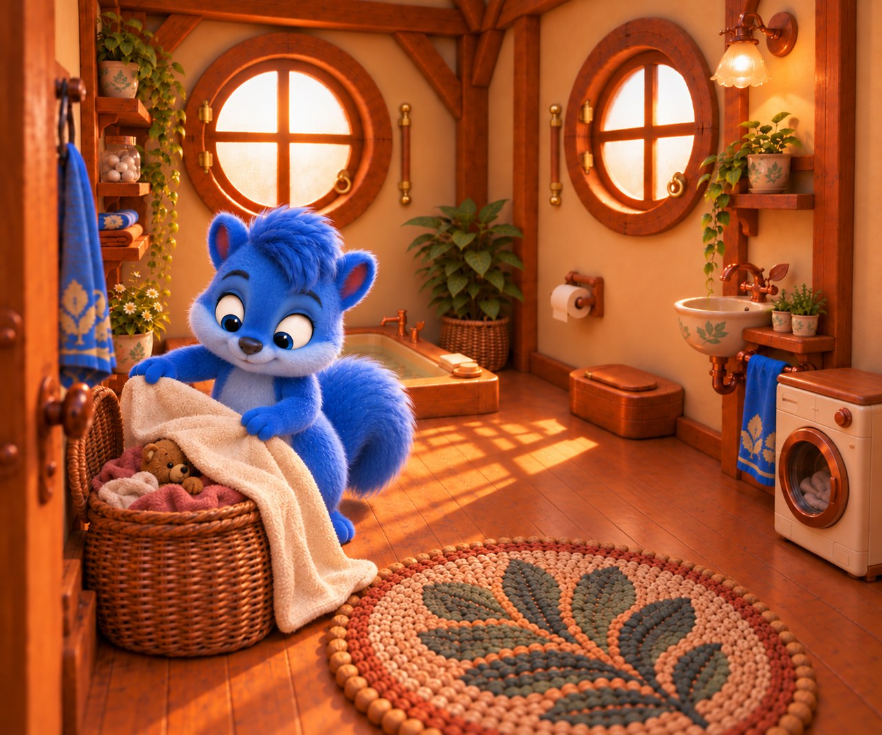 Ein großes flauschiges Handtuch verdeckt den Teddy im linken Korb.