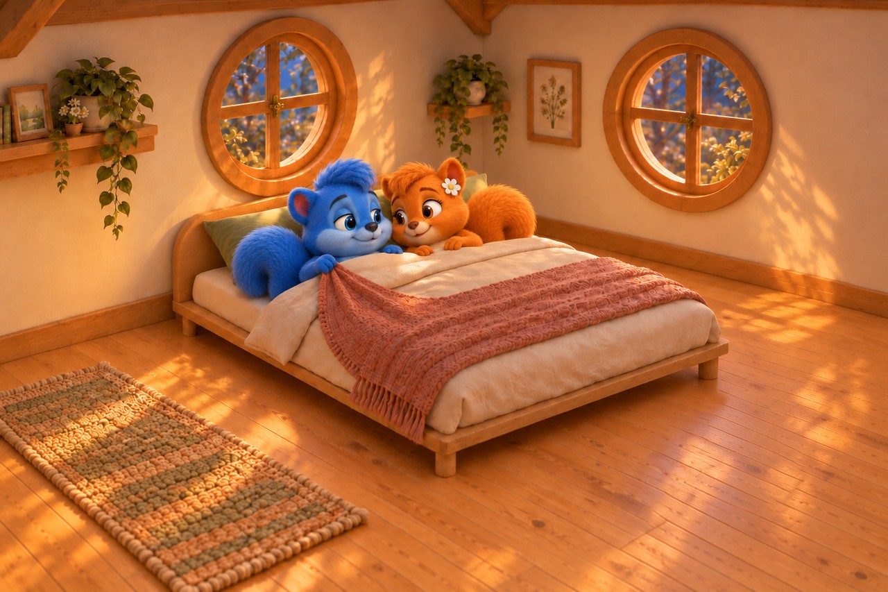 Puschel und Flauschi kuscheln im gemeinsamen Bett und richten die rosa Decke zurecht.