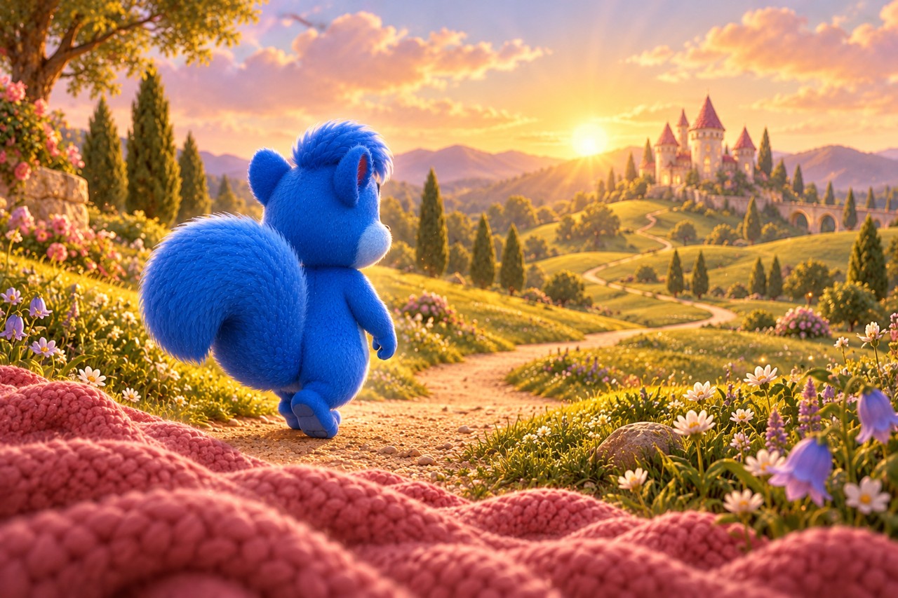 In Puschels Traum wird die rosa Decke zur Wiesenlandschaft mit einem fernen Schloss.
