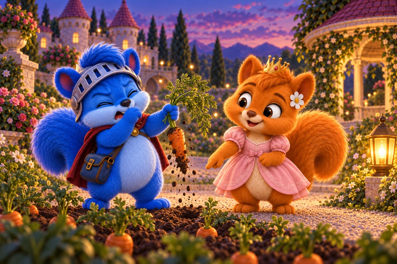 Puschel hält eine frisch gezogene Karotte und niest, während Flauschi liebevoll zuschaut.