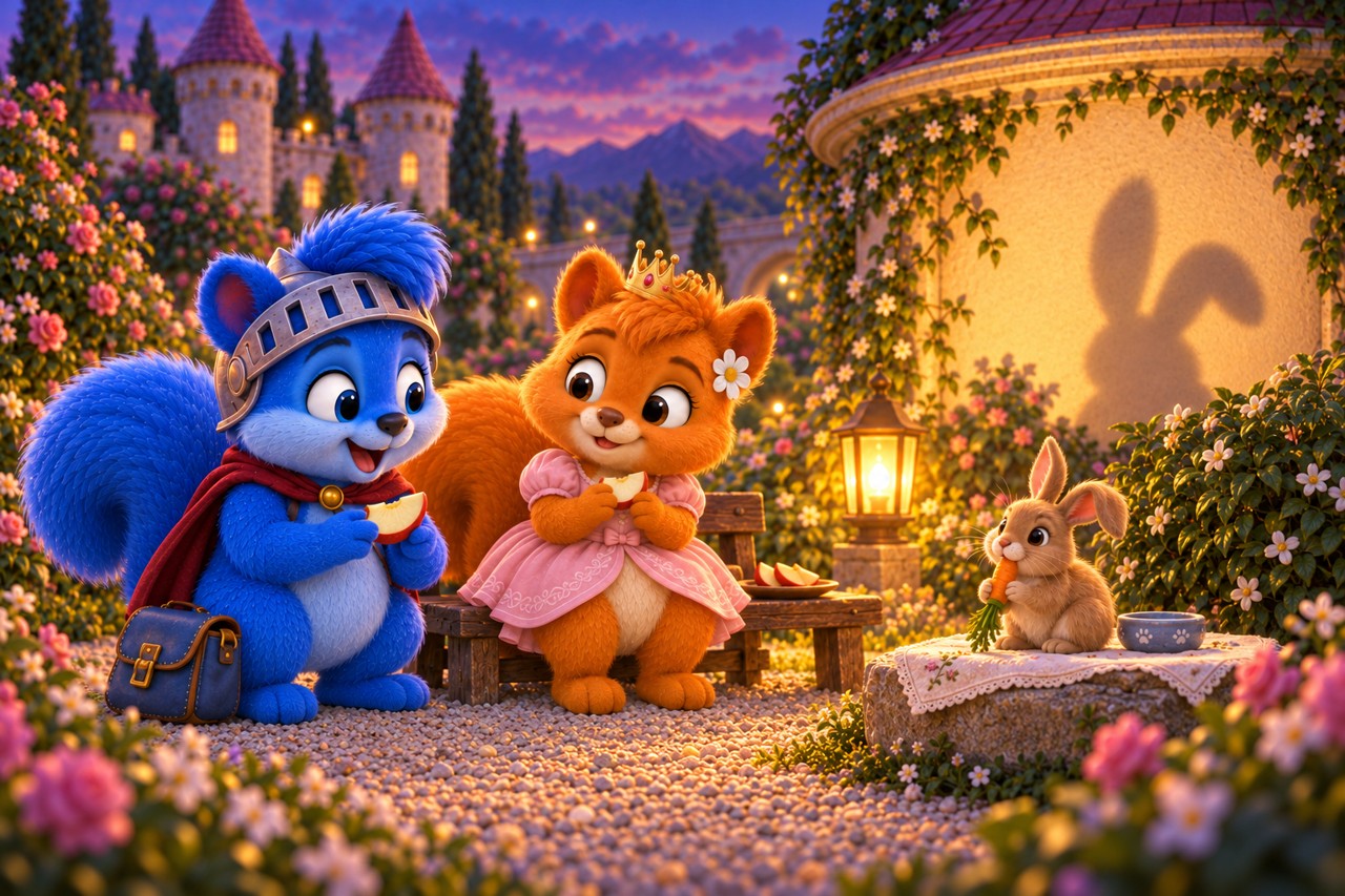Das Häschen knabbert eine Karotte; Puschel und Flauschi teilen Apfelschnitze an der Gartenbank.