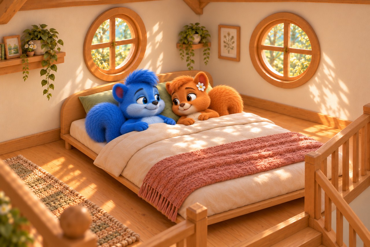 Wieder wach im vertrauten Schlafzimmer, lächeln Puschel und Flauschi einander im Bett an.