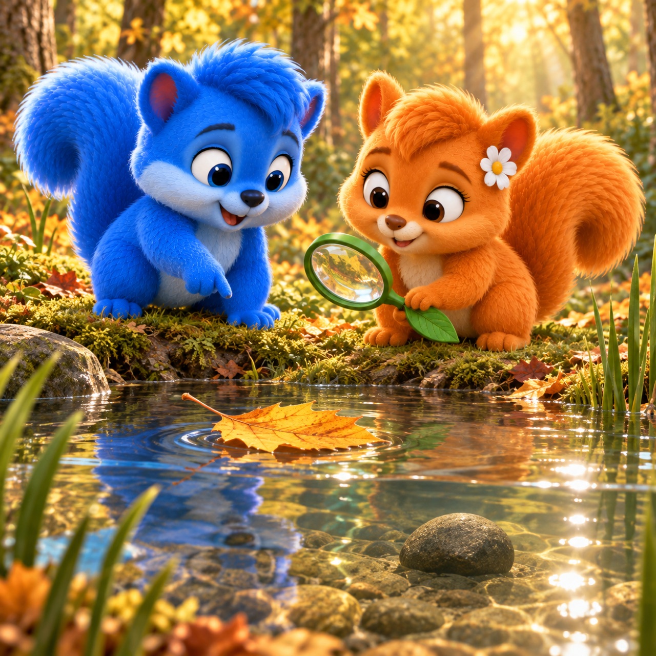 Puschel und Flauschi untersuchen mit ihrer grünen Blattlupe ein goldenes Blatt, das auf einem klaren Waldteich schwimmt, während ein kleiner Stein unter Wasser liegt