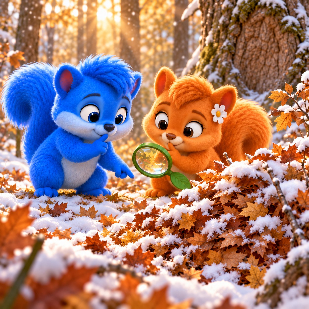 Puschel und Flauschi stehen leise neben einem geschlossenen Laubhaufen mit etwas Schnee darauf. Puschel legt eine Pfote an den Mund; Flauschi hält die grüne Blattlupe. Ein Tier oder Nestinneres ist nicht sichtbar.