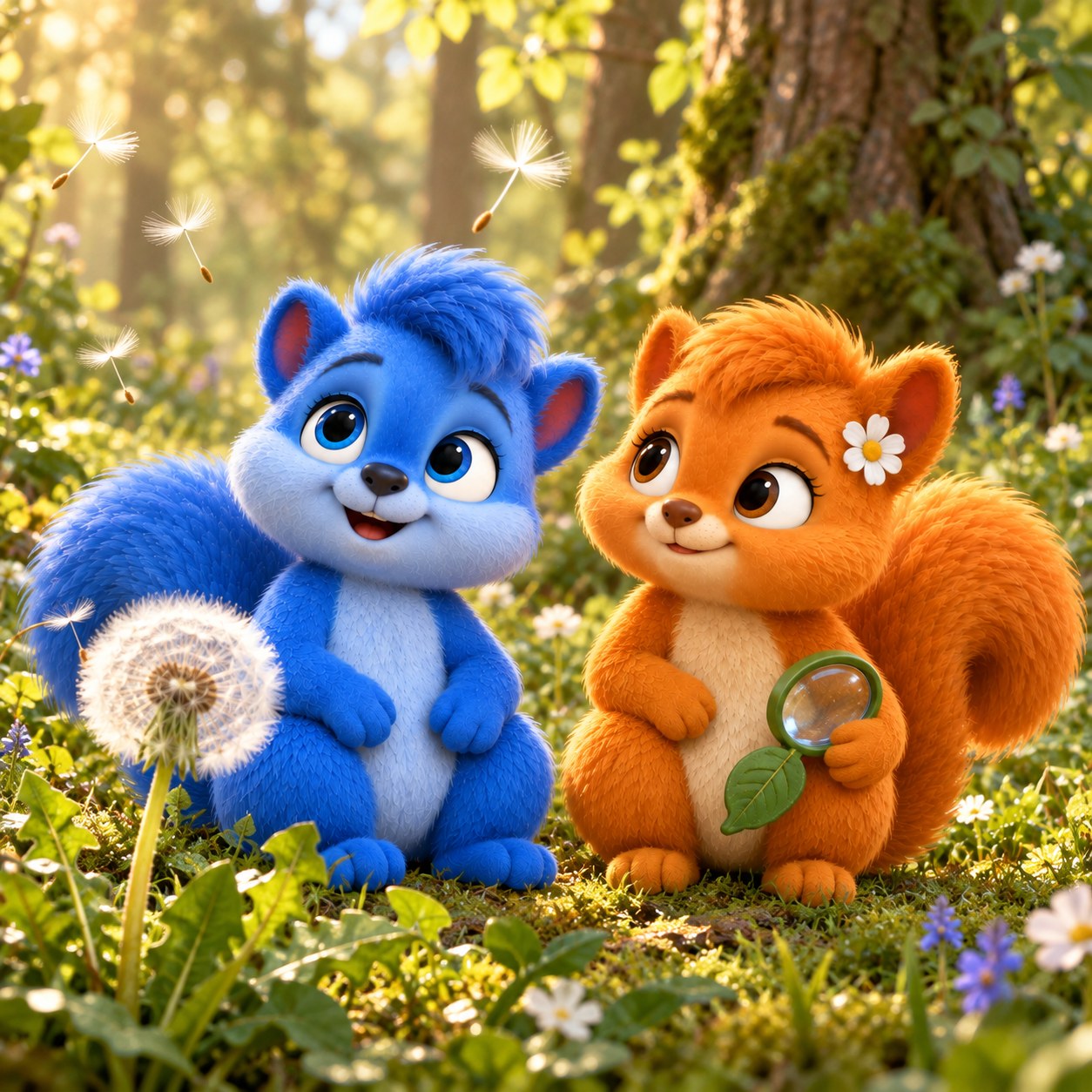 Puschel und Flauschi beobachten am grünen Waldrand eine Pusteblume und einzelne vom Wind getragene weiße Schirmchen. Ihre grüne Forscherlupe bleibt unten.