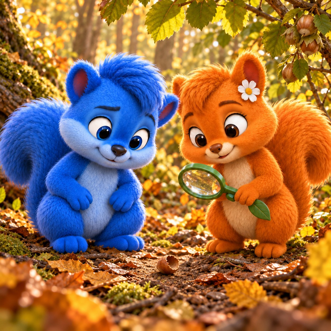 Puschel und Flauschi betrachten eine leere braune Haselnussschale mit einer Öffnung auf dem Waldweg. Flauschi hält die grüne Lupe. Kein Tier wird als Verursacher gezeigt.