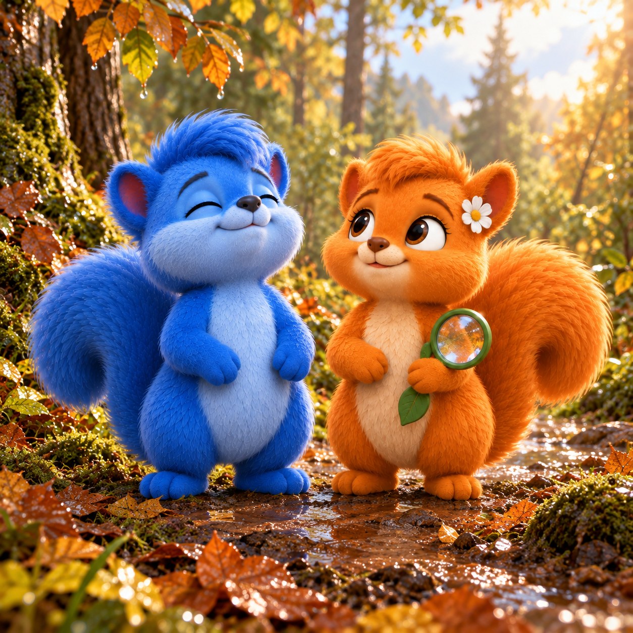 Puschel und Flauschi stehen auf dem feuchten Waldweg und heben ihre Nasen in die Luft. Flauschi hält die grüne Lupe unten. Beide berühren weder Erde noch Pflanzen.