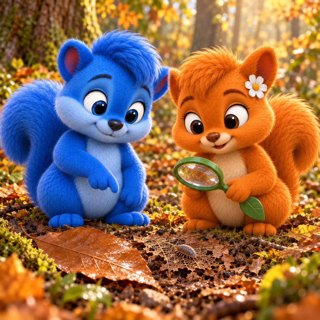 Puschel und Flauschi betrachten ein braunes Blatt und daneben ein älteres Blatt mit sichtbaren Adern und kleinen Löchern. Eine Assel läuft darüber. Flauschi hält die grüne Lupe, ohne das Laub zu bewegen.