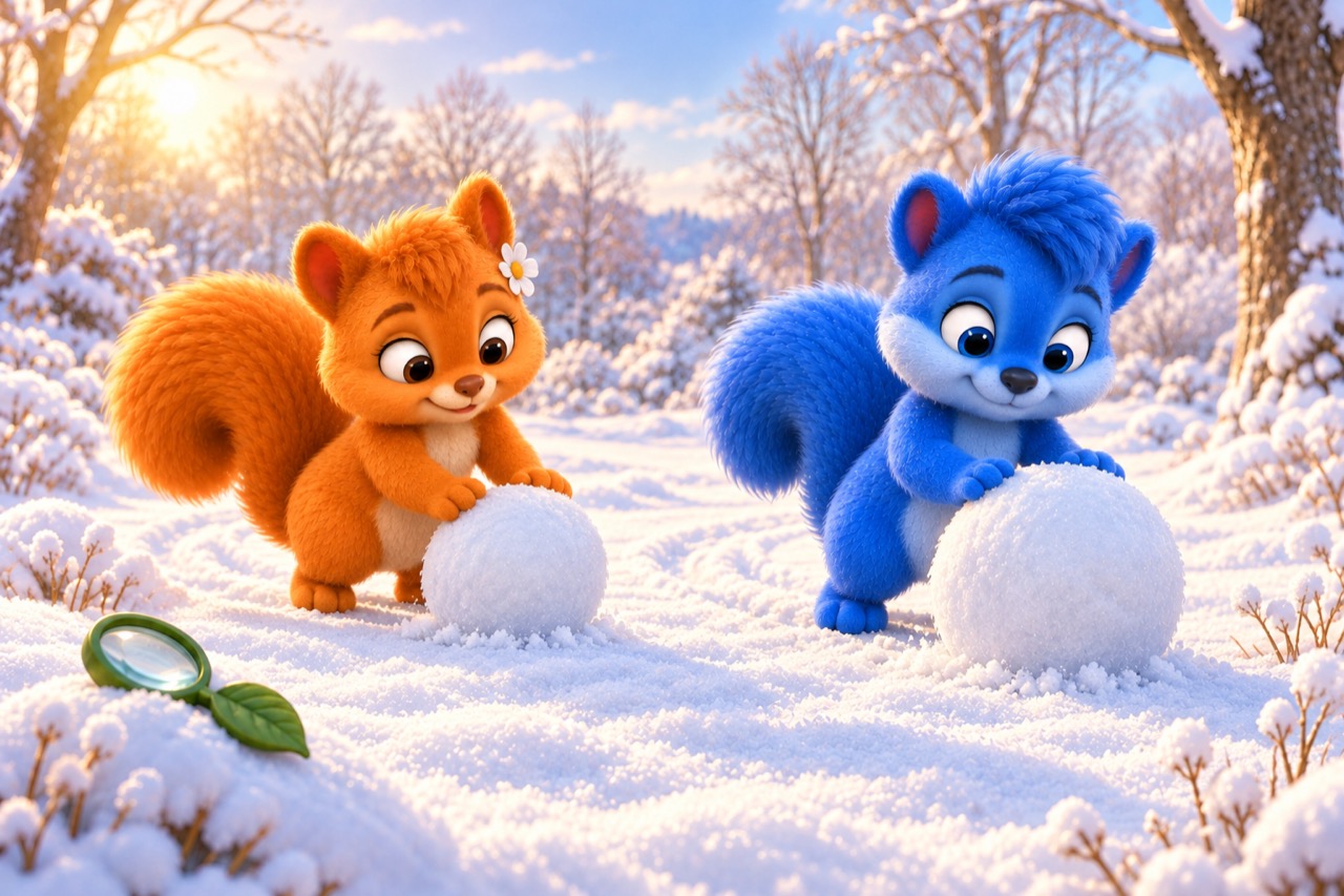 Puschel und Flauschi rollen zwei einzelne Schneekugeln. Ihr Schneewusel ist noch nicht aufgebaut.