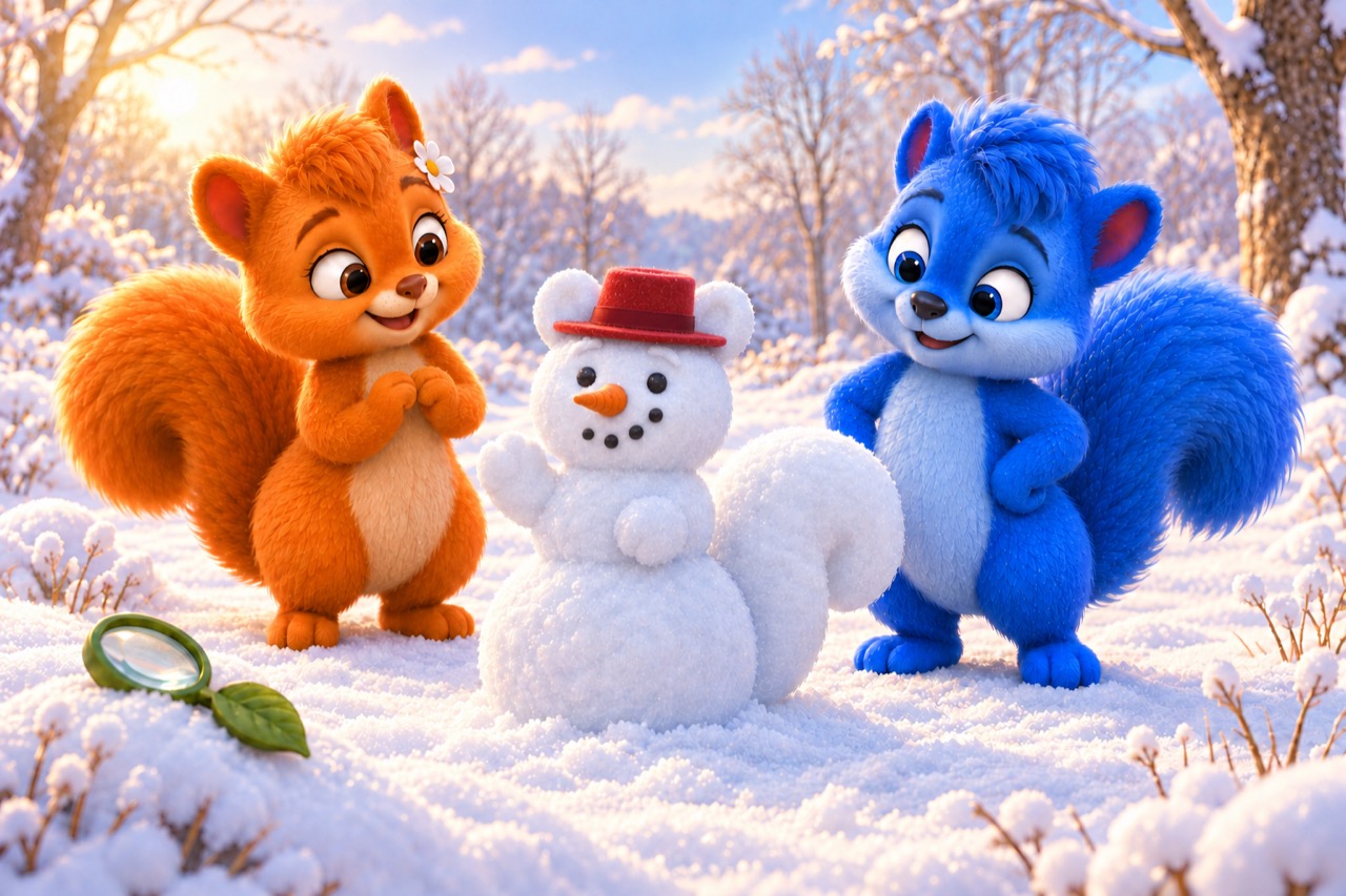 Puschel und Flauschi bewundern den fertigen Schneewusel mit kleinen Steinaugen, Karottennase, lächelndem Steinmund, Schneepfoten und rotem Hut.