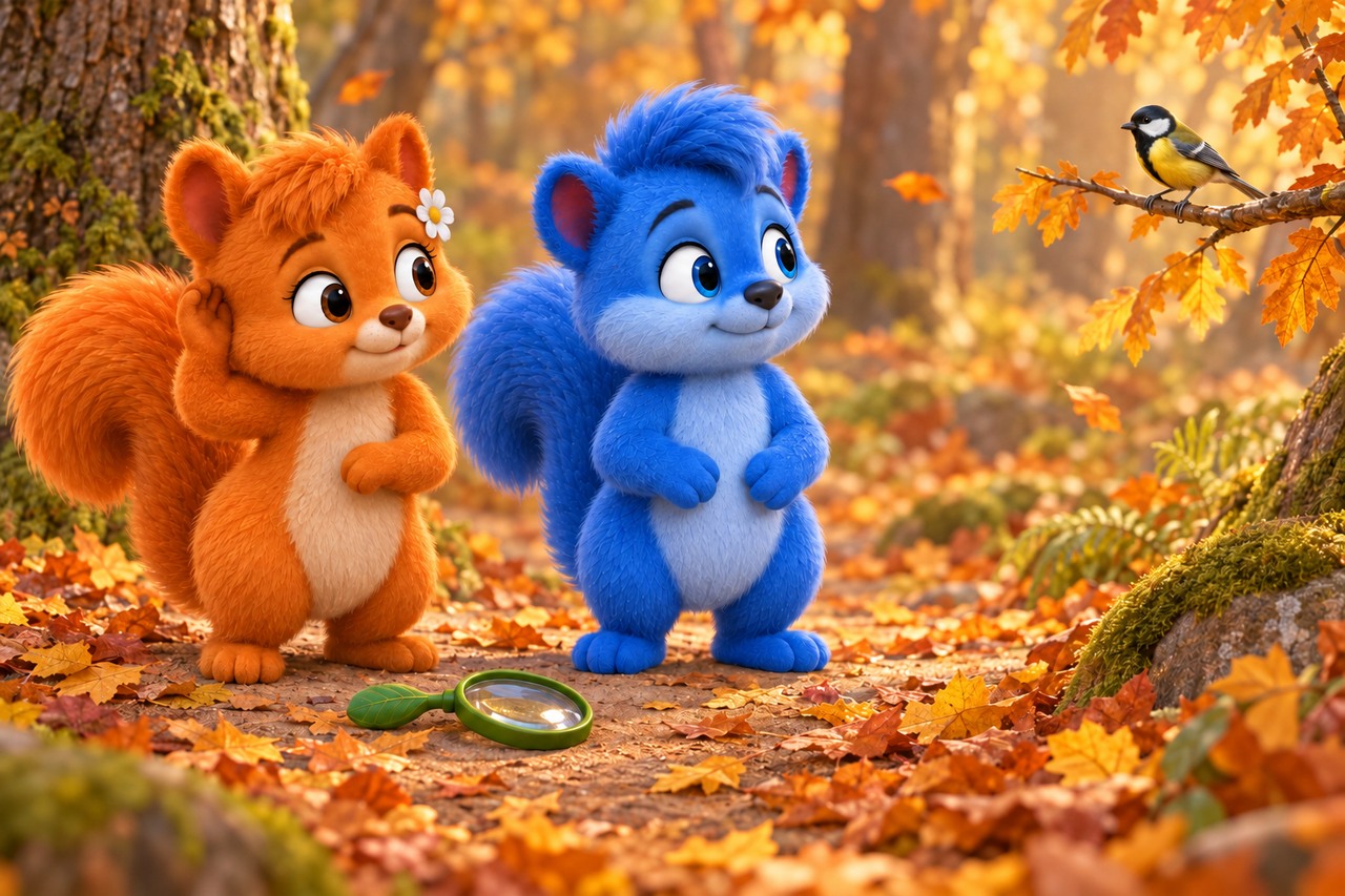 Puschel und Flauschi lauschen einer Kohlmeise auf einem entfernten Zweig im Herbstwald.