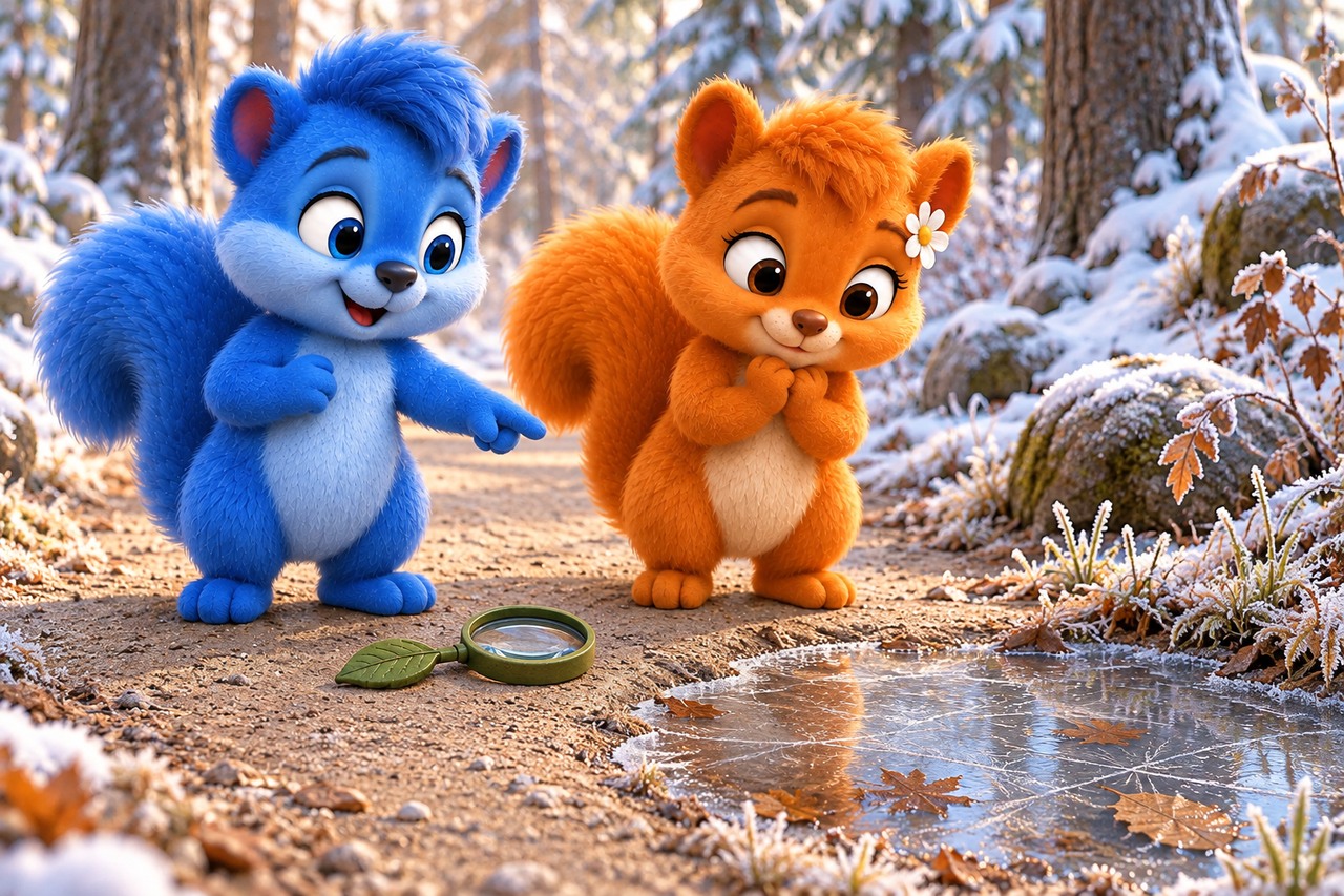 Puschel und Flauschi stehen auf trockenem Boden neben einer kleinen Pfütze mit dünner Eisschicht.