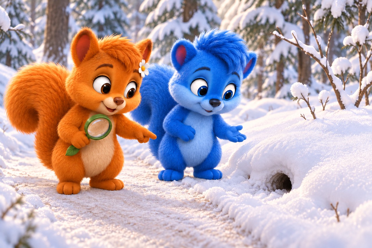 Puschel und Flauschi beobachten vom geräumten Weg eine bereits sichtbare kleine Öffnung am Rand der unberührten Schneedecke.