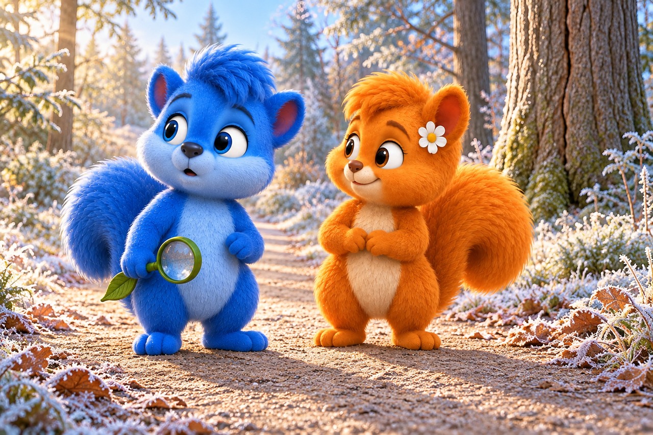 Puschel und Flauschi lauschen auf einem breiten Weg im frostigen Wald und halten Abstand zu den Bäumen.